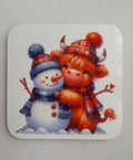 Highland Cow with Snowman Coaster